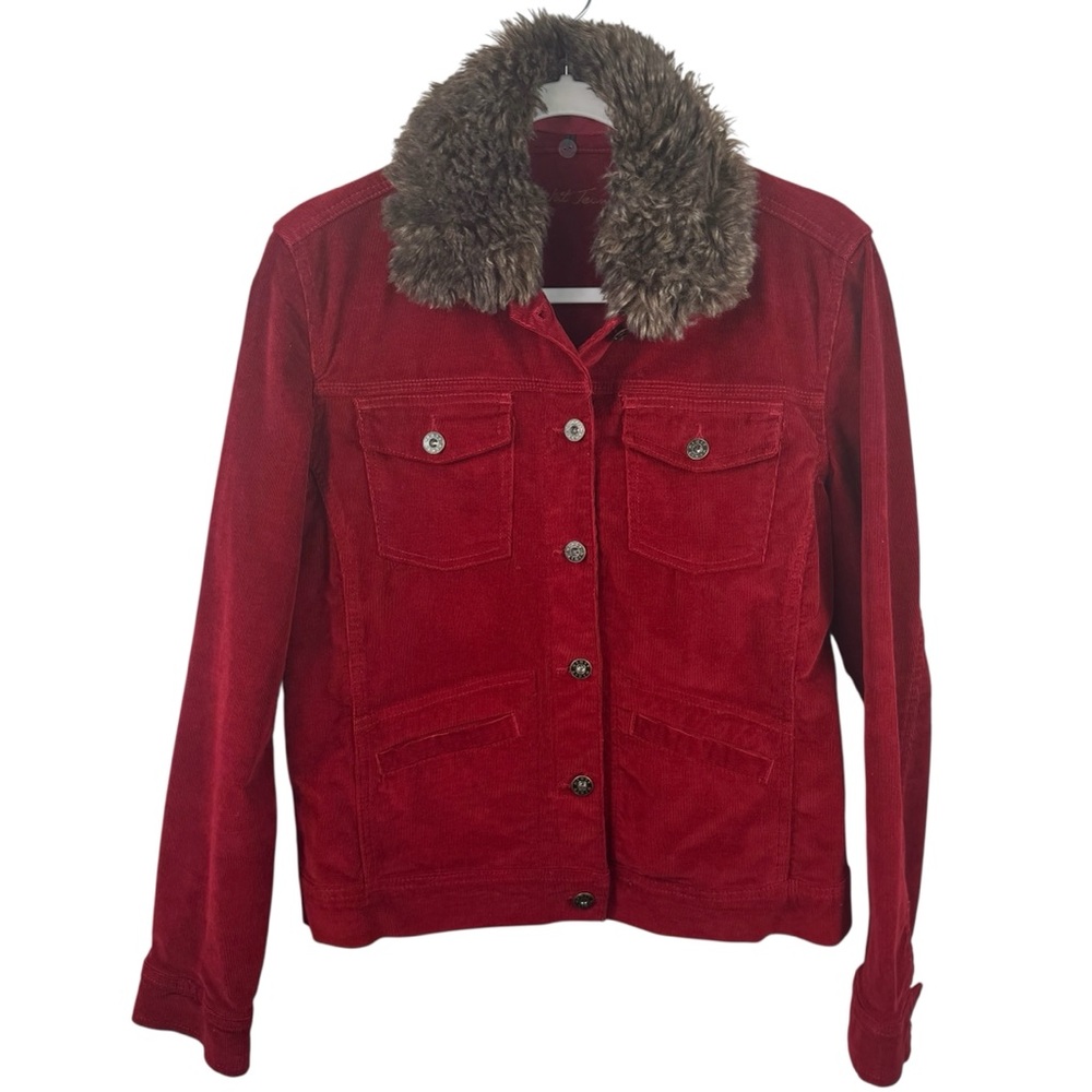 Kikit Red Corduroy Moto Trucker Jacket Faux Fur Collar Button Up Women's Medium